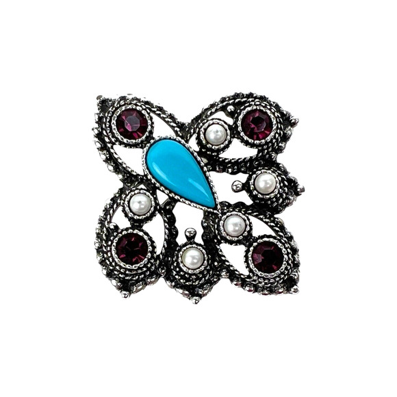 Sarah Coventry Imperial Brooch Pendant Faux Turquoise Purple Stones Silver Tone - Picture 2 of 9